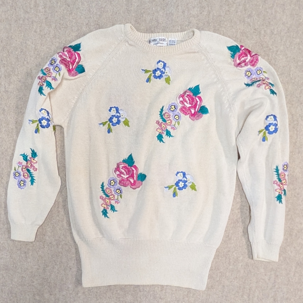 Gorgeous Embroidered Cream Knitted Vintage. Bonnie Boerer Sweater Small